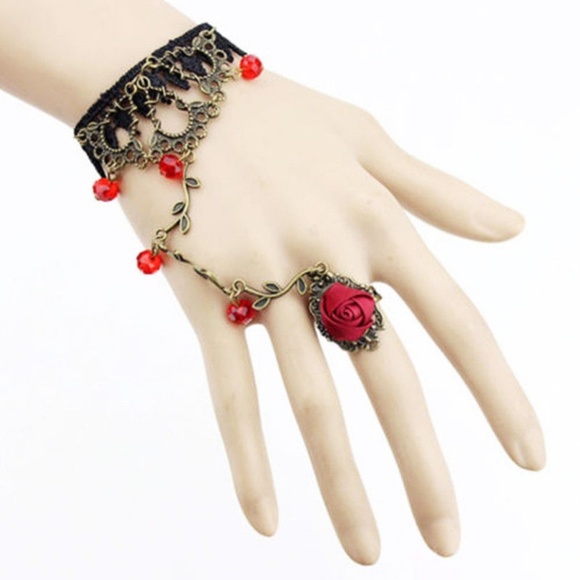 Gothic Red Rose Black Crochet Bracelet Ring Combo - Picture 2 of 7
